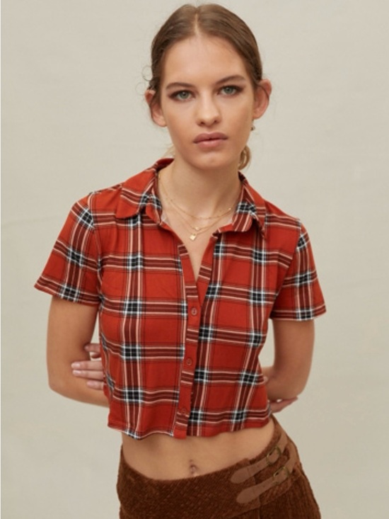 Urban Outfitters Tops - Urban Renewal Remnants Plaid Button-Down Shirt-Rust/orange, Cropped